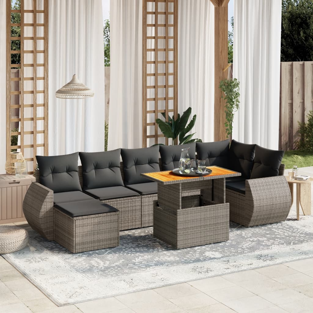 8-tlg. Garten-Sofagarnitur mit Kissen Grau Poly Rattan