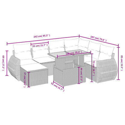 8-tlg. Garten-Sofagarnitur mit Kissen Grau Poly Rattan
