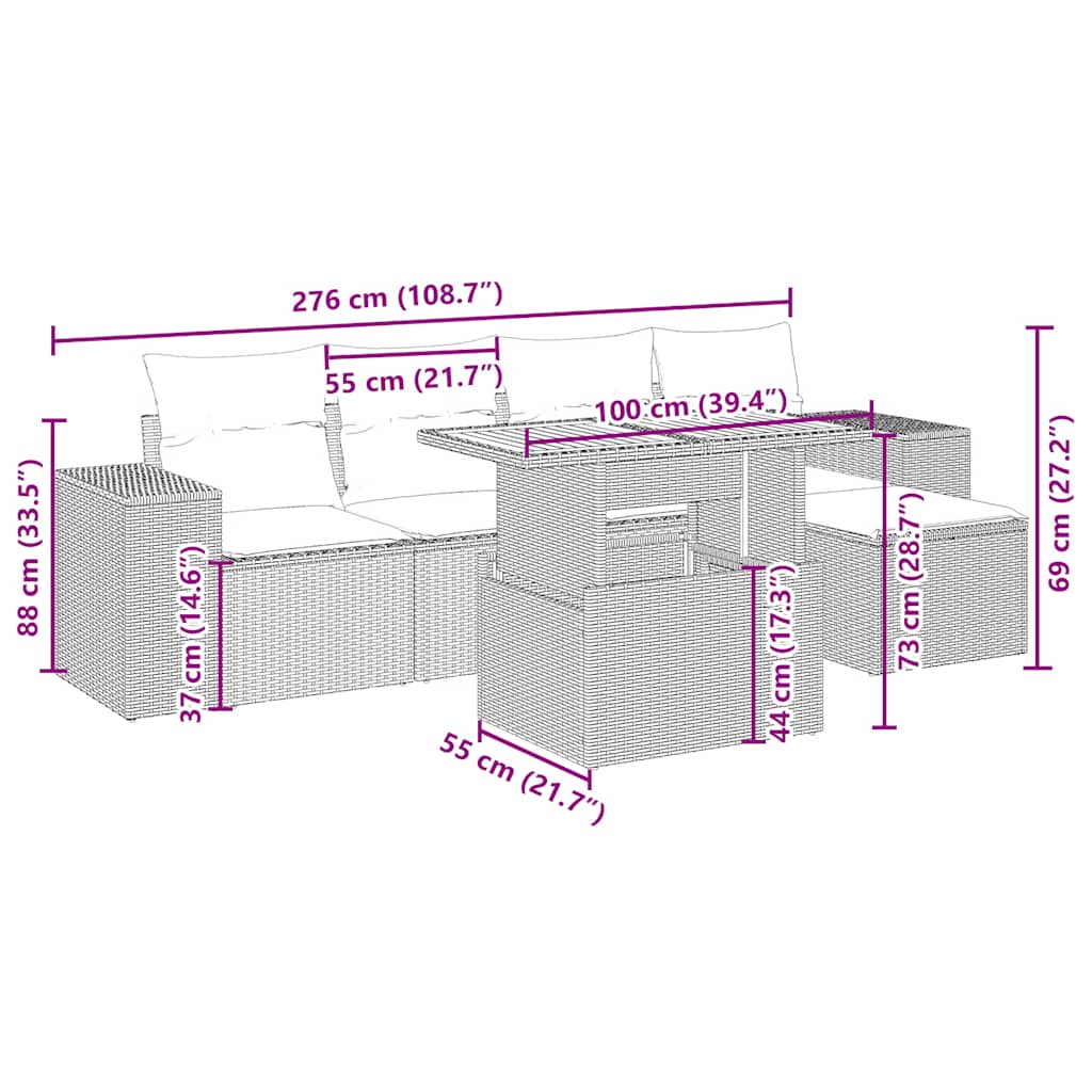 6-tlg. Garten-Sofagarnitur mit Kissen Beige Poly Rattan