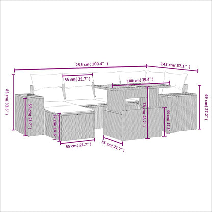 7-tlg. Garten-Sofagarnitur mit Kissen Schwarz Poly Rattan