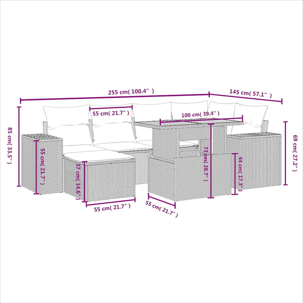 7-tlg. Garten-Sofagarnitur mit Kissen Schwarz Poly Rattan