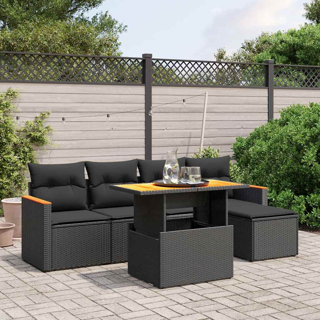 6-tlg. Garten-Sofagarnitur mit Kissen Schwarz Poly Rattan