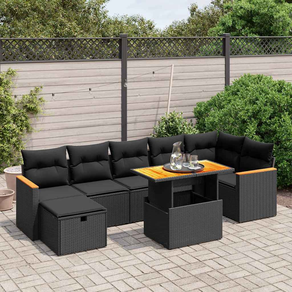 8-tlg. Garten-Sofagarnitur mit Kissen Schwarz Poly Rattan