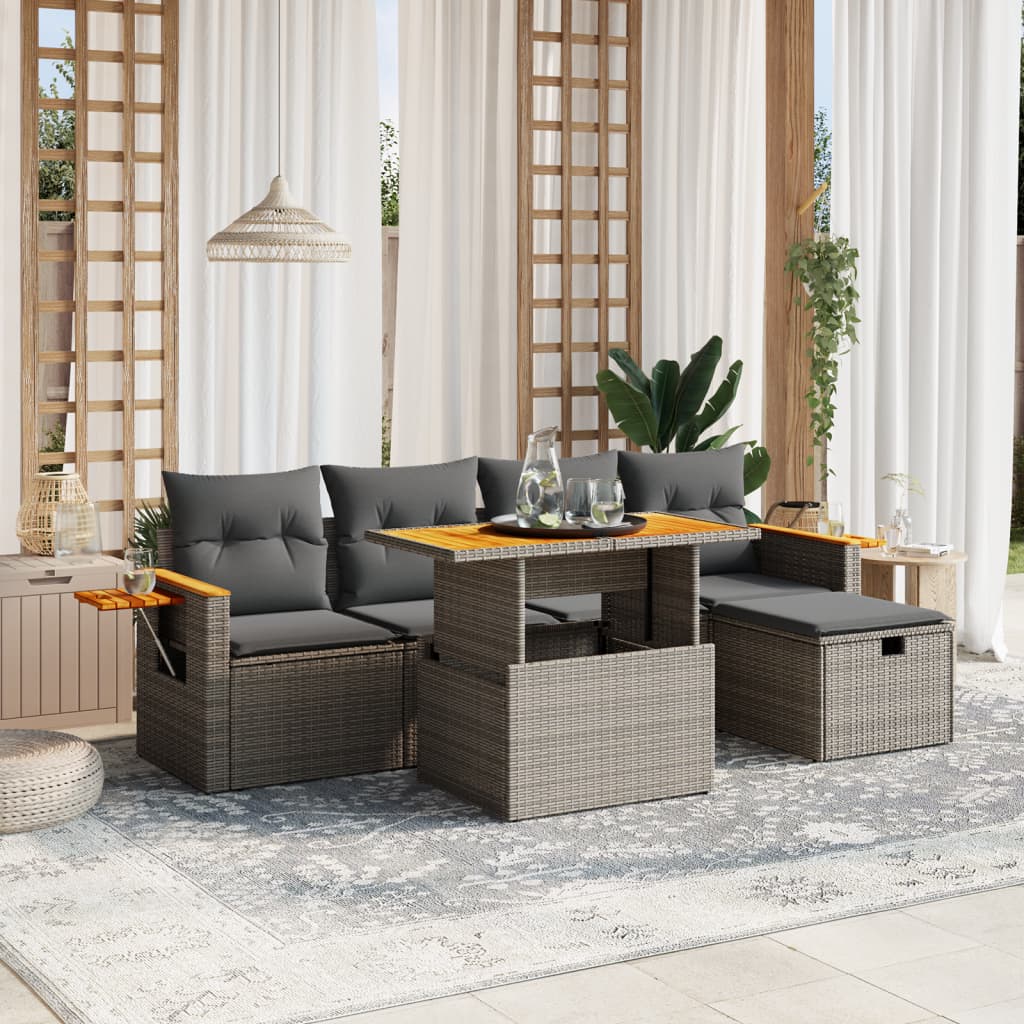 6-tlg. Garten-Sofagarnitur mit Kissen Grau Poly Rattan