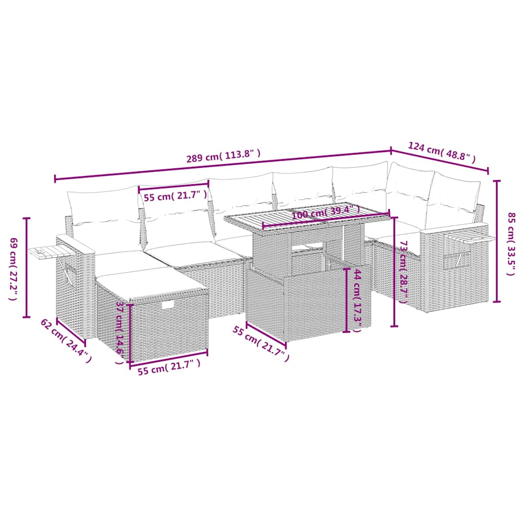 8-tlg. Garten-Sofagarnitur mit Kissen Schwarz Poly Rattan