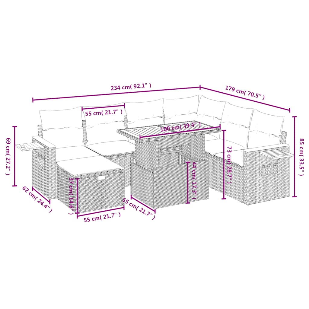 8-tlg. Garten-Sofagarnitur mit Kissen Schwarz Poly Rattan