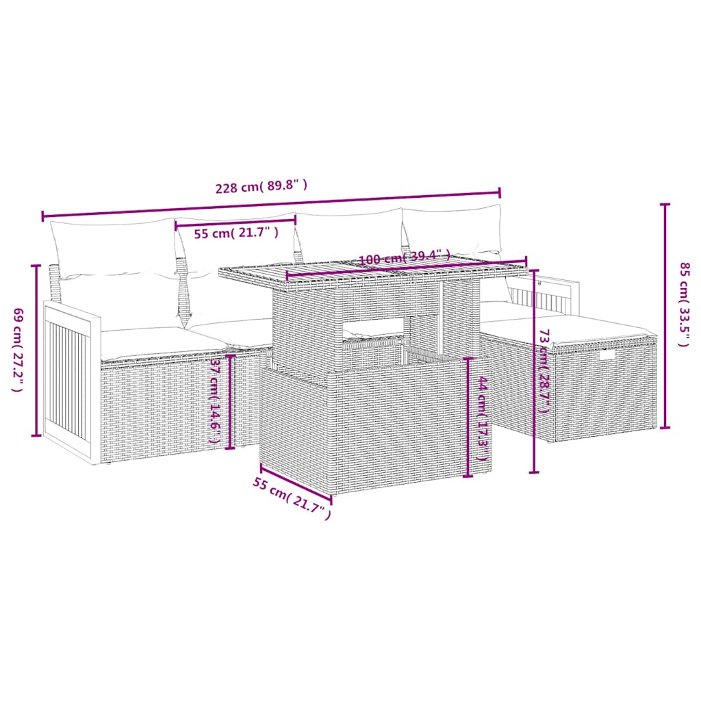 6-tlg. Garten-Sofagarnitur mit Kissen Schwarz Poly Rattan
