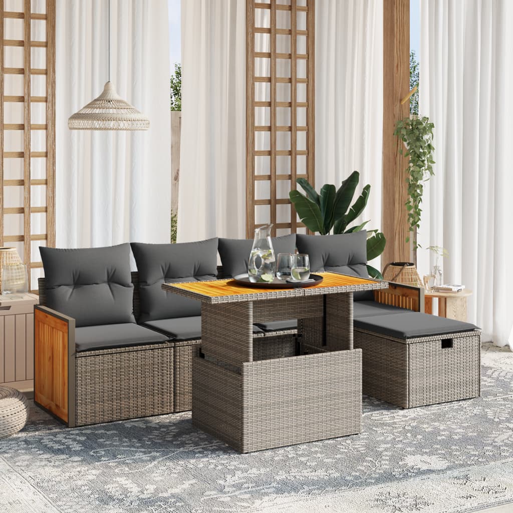 6-tlg. Garten-Sofagarnitur mit Kissen Grau Poly Rattan