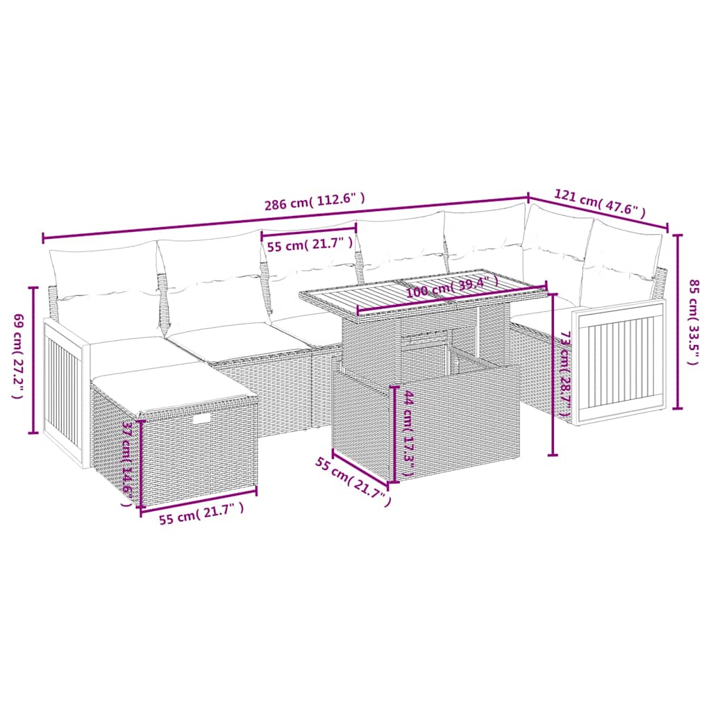 8-tlg. Garten-Sofagarnitur mit Kissen Schwarz Poly Rattan