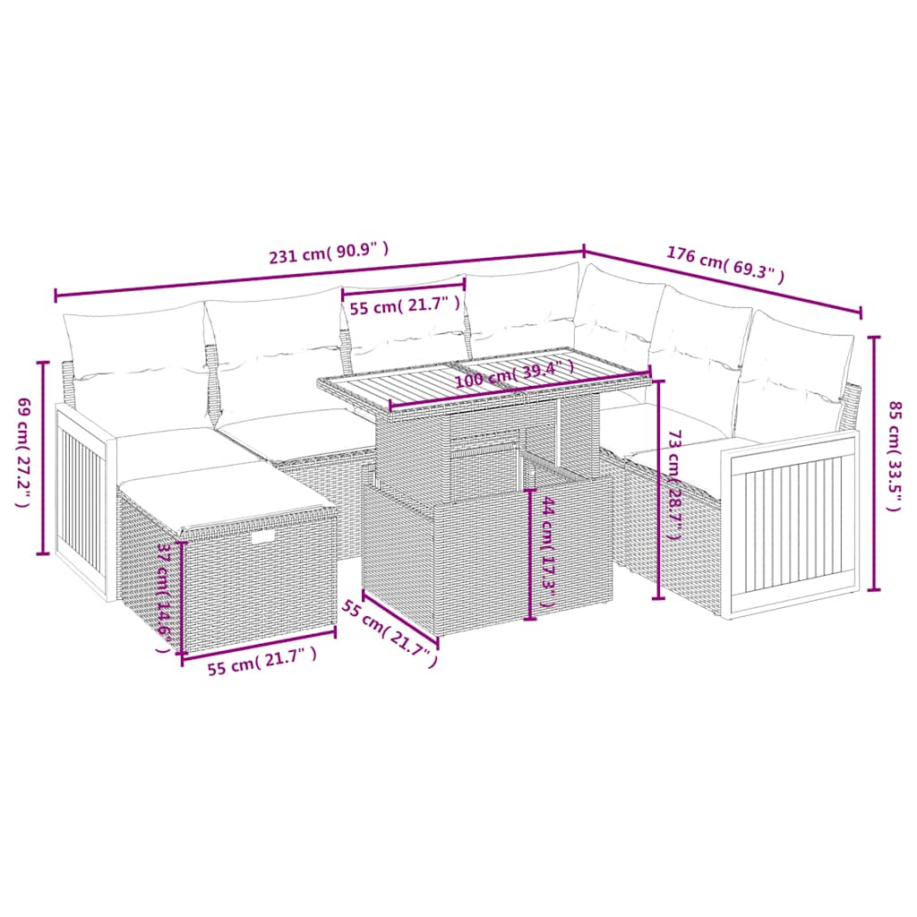 8-tlg. Garten-Sofagarnitur mit Kissen Schwarz Poly Rattan