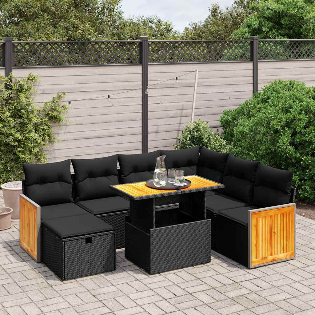 8-tlg. Garten-Sofagarnitur mit Kissen Schwarz Poly Rattan