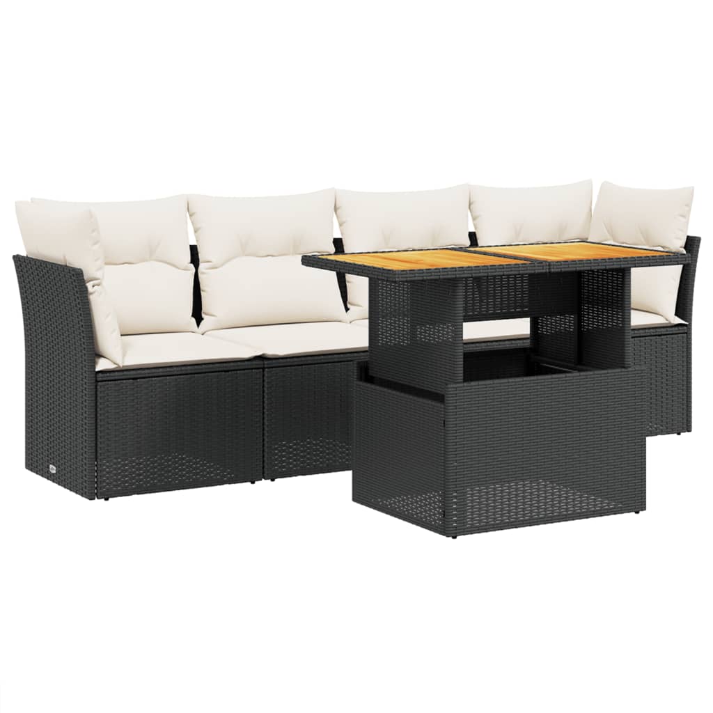 5-tlg. Garten-Sofagarnitur mit Kissen Schwarz Poly Rattan