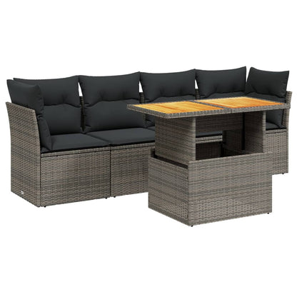 5-tlg. Garten-Sofagarnitur mit Kissen Grau Poly Rattan