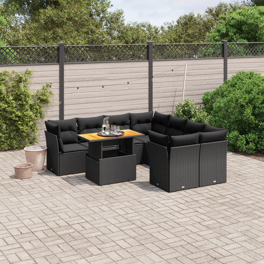 9-tlg. Garten-Sofagarnitur mit Kissen Schwarz Poly Rattan
