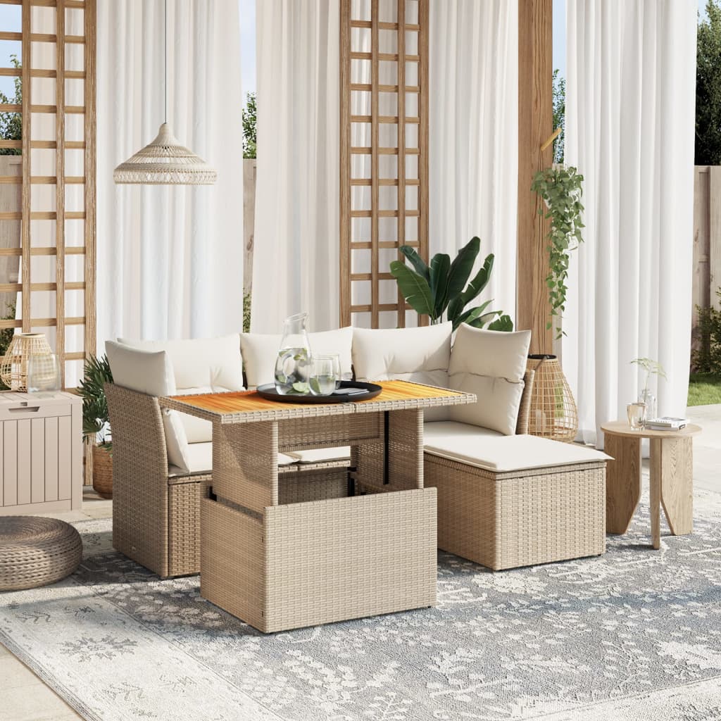 6-tlg. Garten-Sofagarnitur mit Kissen Beige Poly Rattan