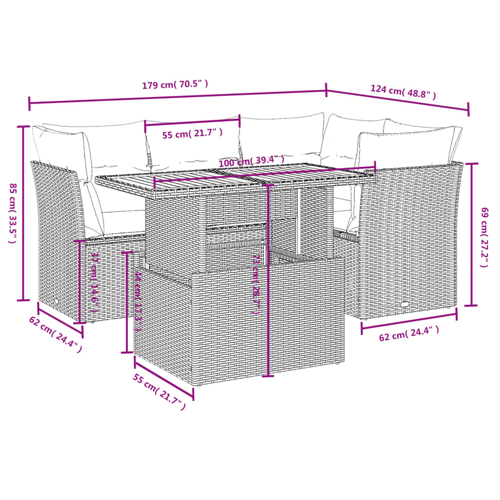 5-tlg. Garten-Sofagarnitur mit Kissen Schwarz Poly Rattan
