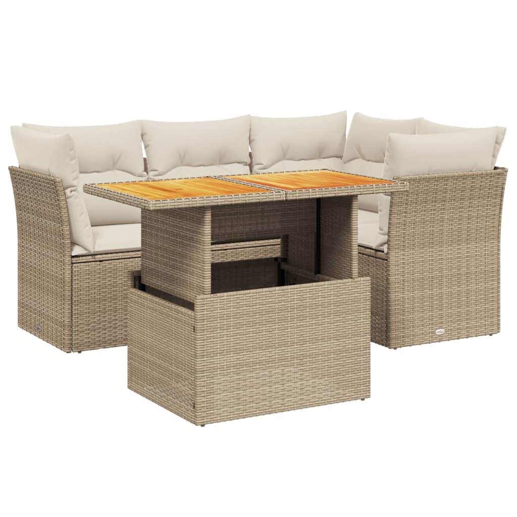 5-tlg. Garten-Sofagarnitur mit Kissen Beige Poly Rattan