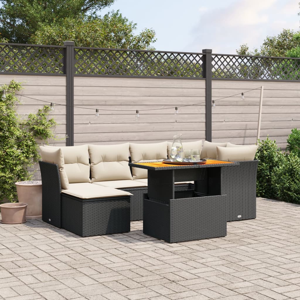7-tlg. Garten-Sofagarnitur mit Kissen Schwarz Poly Rattan