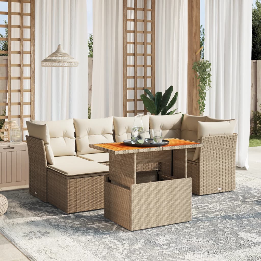 7-tlg. Garten-Sofagarnitur mit Kissen Beige Poly Rattan