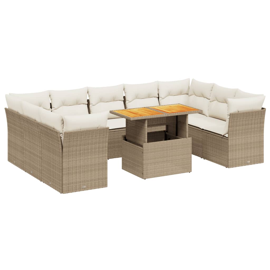 10-tlg. Garten-Sofagarnitur mit Kissen Beige Poly Rattan