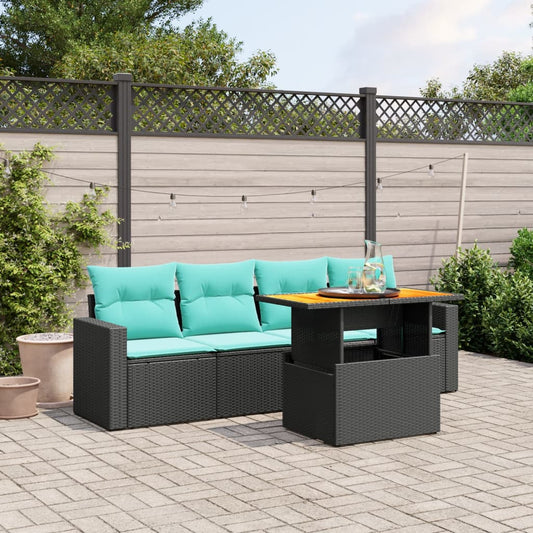 5-tlg. Garten-Sofagarnitur mit Kissen Schwarz Poly Rattan