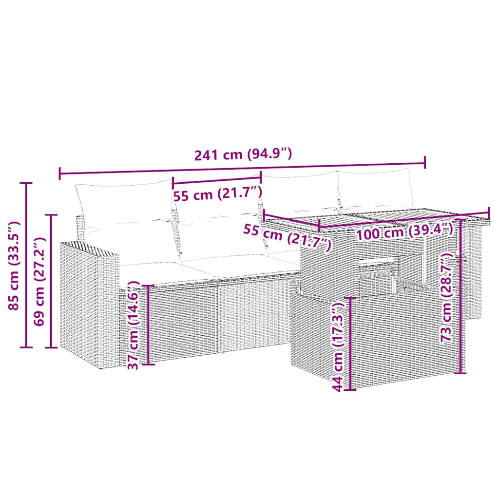 5-tlg. Garten-Sofagarnitur mit Kissen Beige Poly Rattan