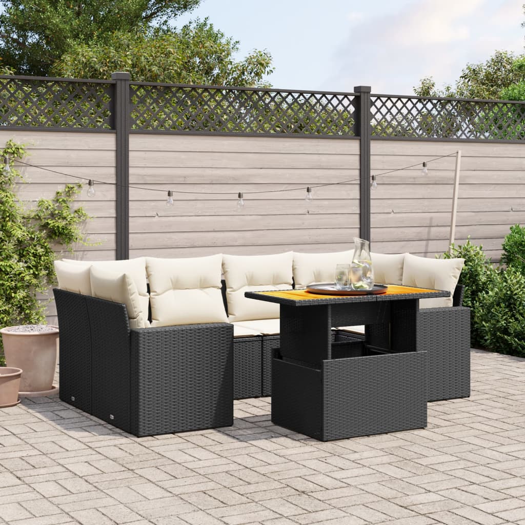 7-tlg. Garten-Sofagarnitur mit Kissen Schwarz Poly Rattan