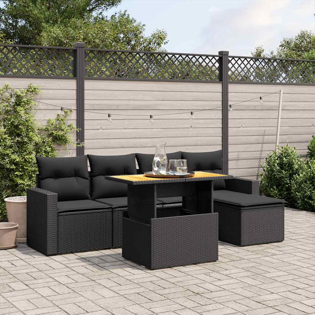 6-tlg. Garten-Sofagarnitur mit Kissen Schwarz Poly Rattan