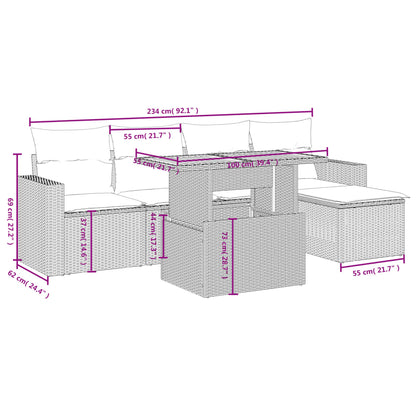 6-tlg. Garten-Sofagarnitur mit Kissen Grau Poly Rattan