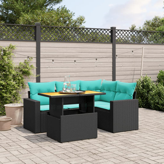 5-tlg. Garten-Sofagarnitur mit Kissen Schwarz Poly Rattan