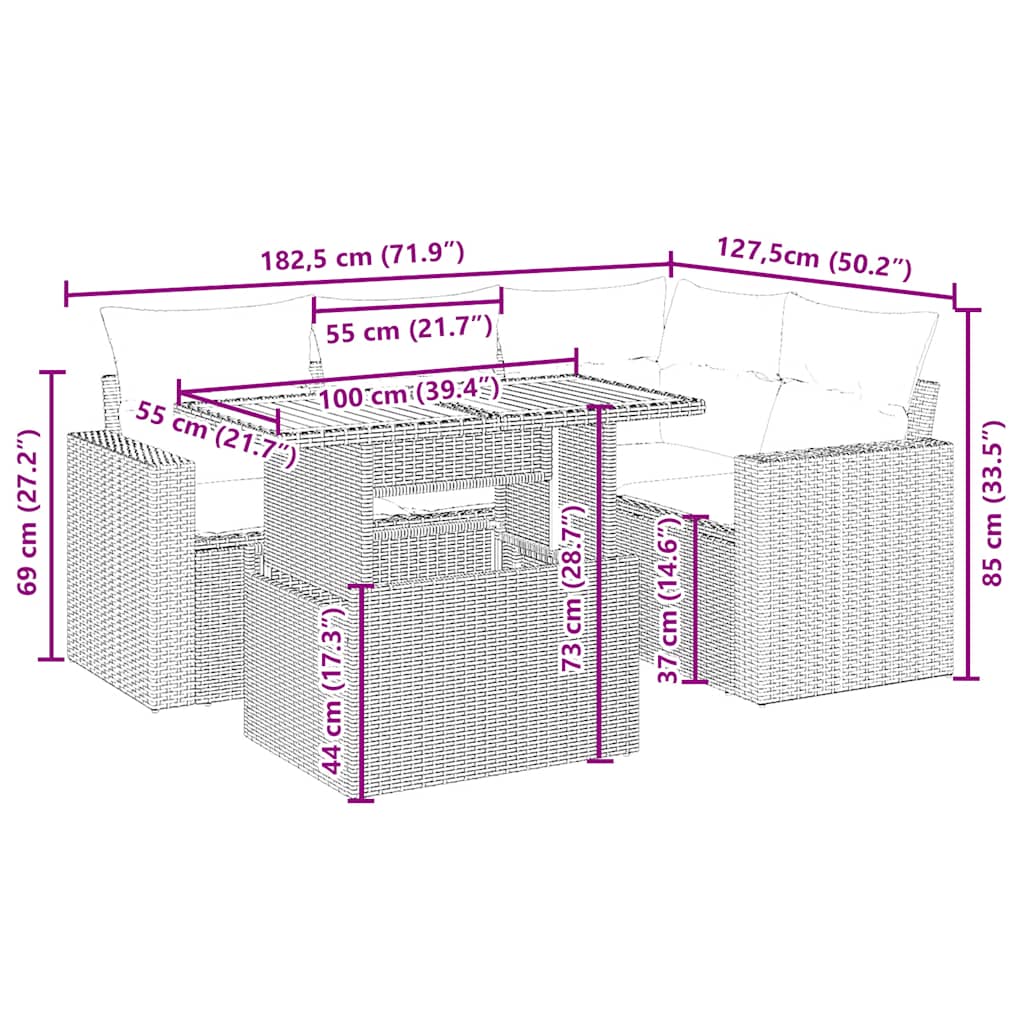 5-tlg. Garten-Sofagarnitur mit Kissen Beige Poly Rattan