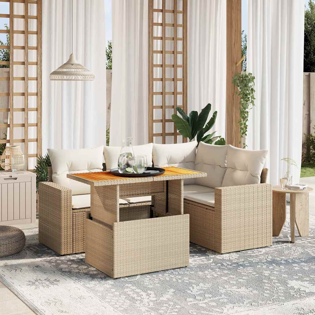 5-tlg. Garten-Sofagarnitur mit Kissen Beige Poly Rattan