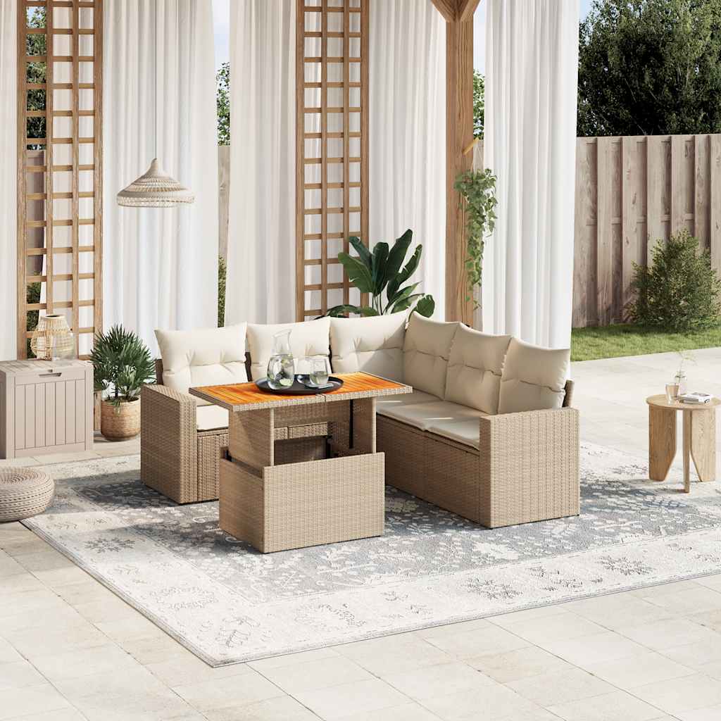 6-tlg. Garten-Sofagarnitur mit Kissen Beige Poly Rattan