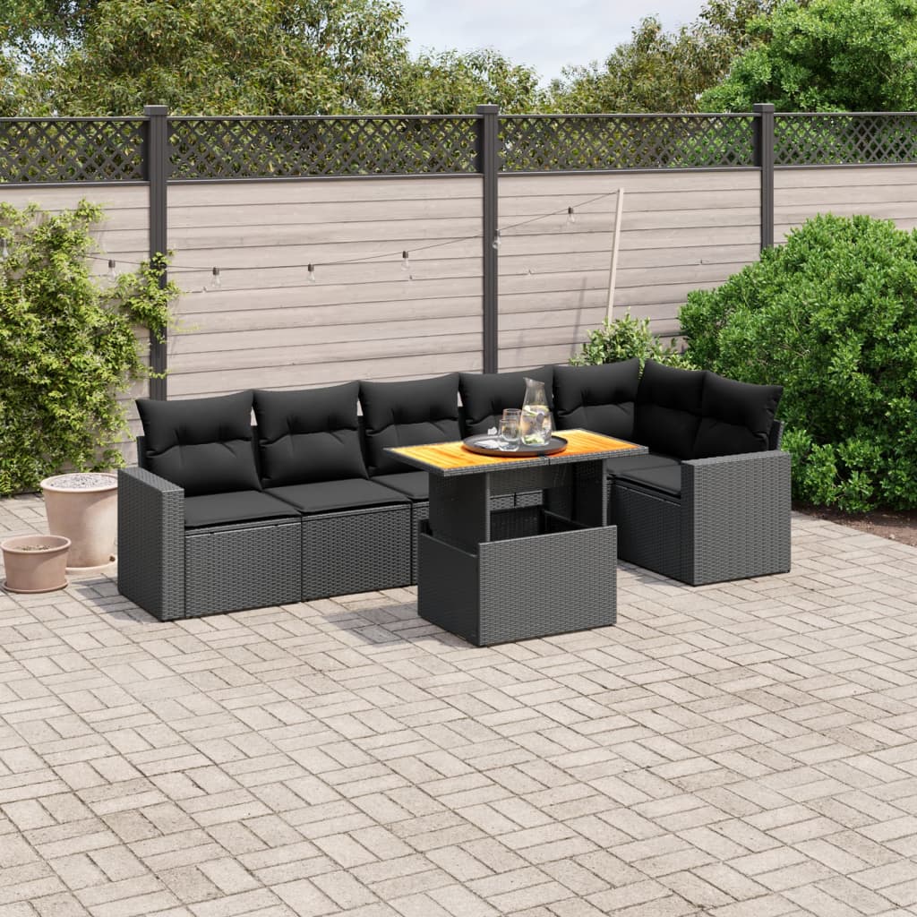7-tlg. Garten-Sofagarnitur mit Kissen Schwarz Poly Rattan