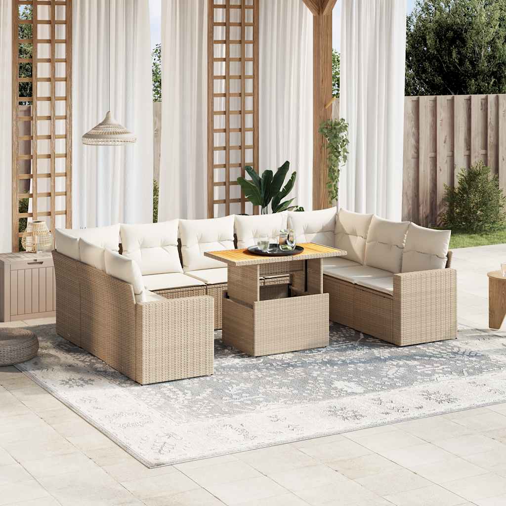 10-tlg. Garten-Sofagarnitur mit Kissen Beige Poly Rattan