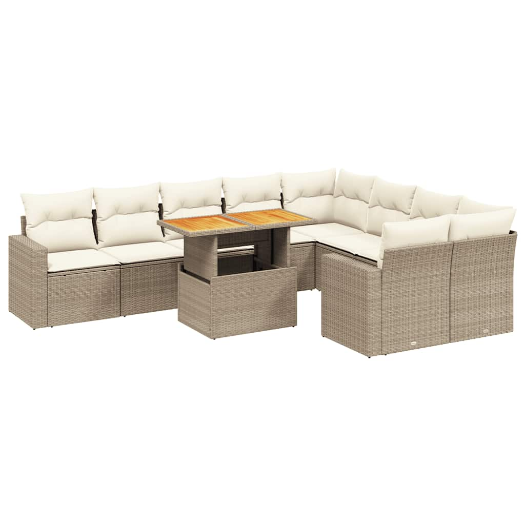 10-tlg. Garten-Sofagarnitur mit Kissen Beige Poly Rattan