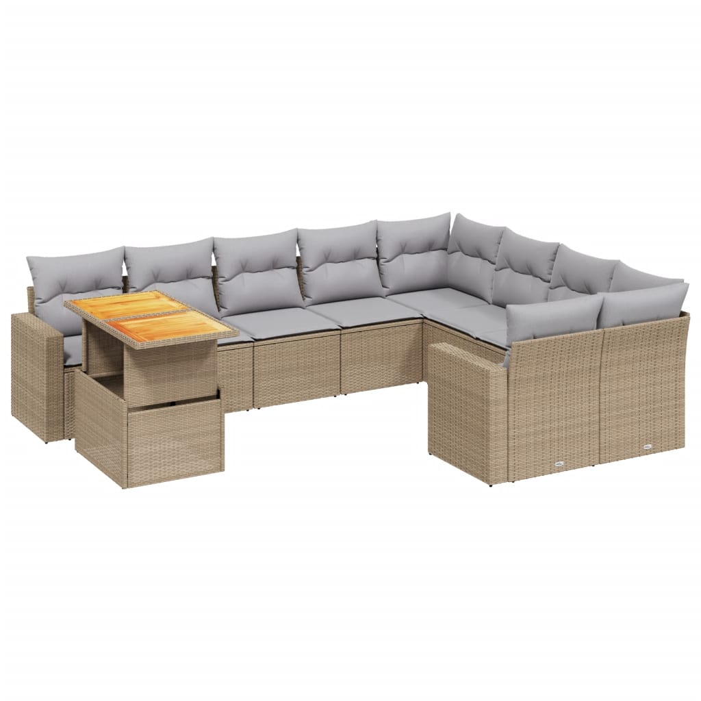 10-tlg. Garten-Sofagarnitur mit Kissen Beige Poly Rattan