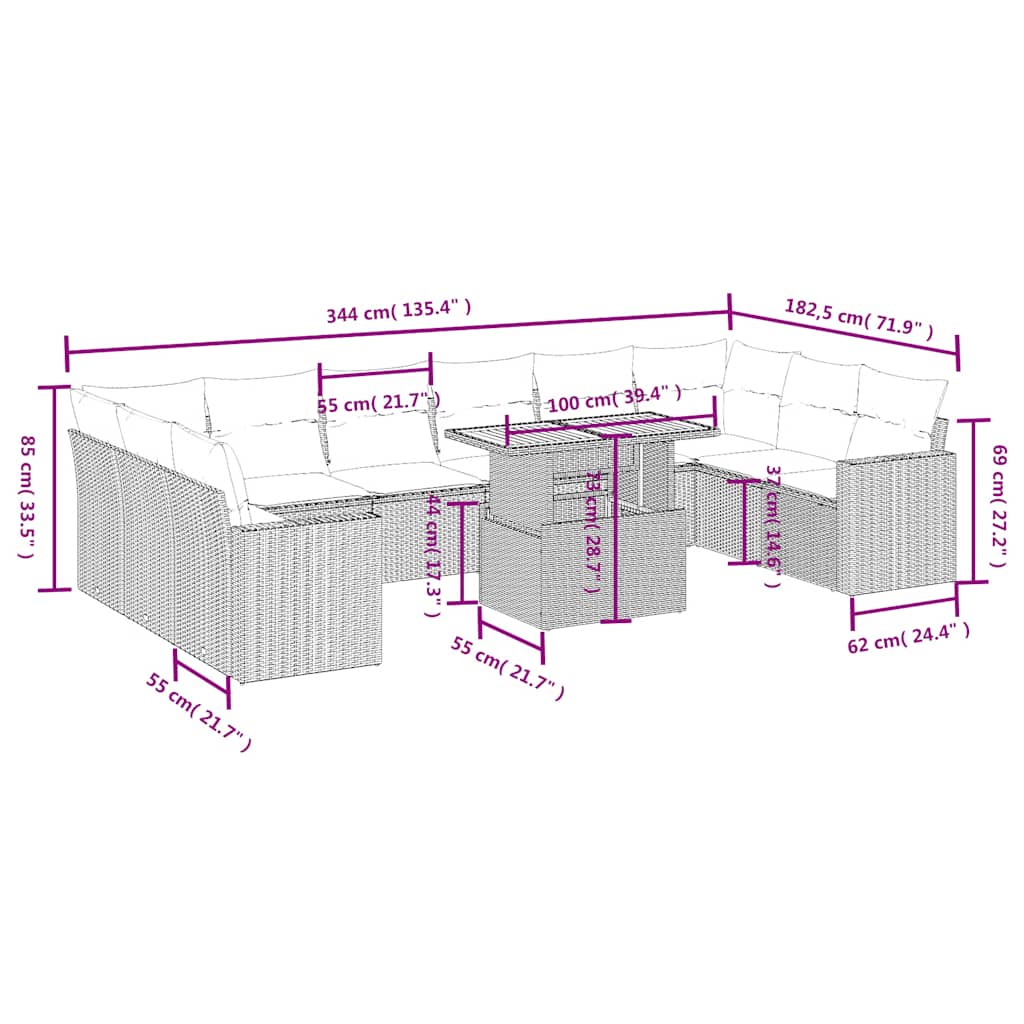 11-tlg. Garten-Sofagarnitur mit Kissen Schwarz Poly Rattan
