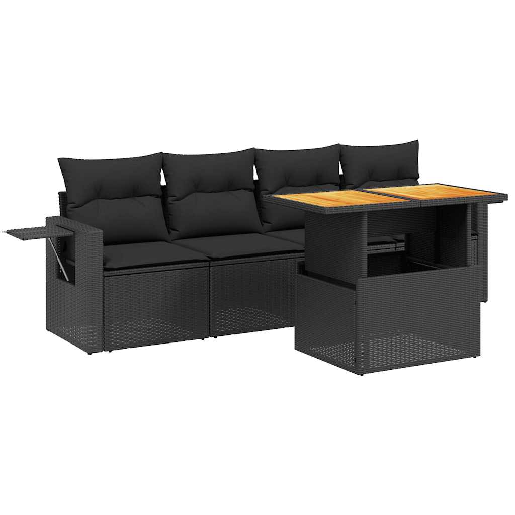 5-tlg. Garten-Sofagarnitur mit Kissen Schwarz Poly Rattan