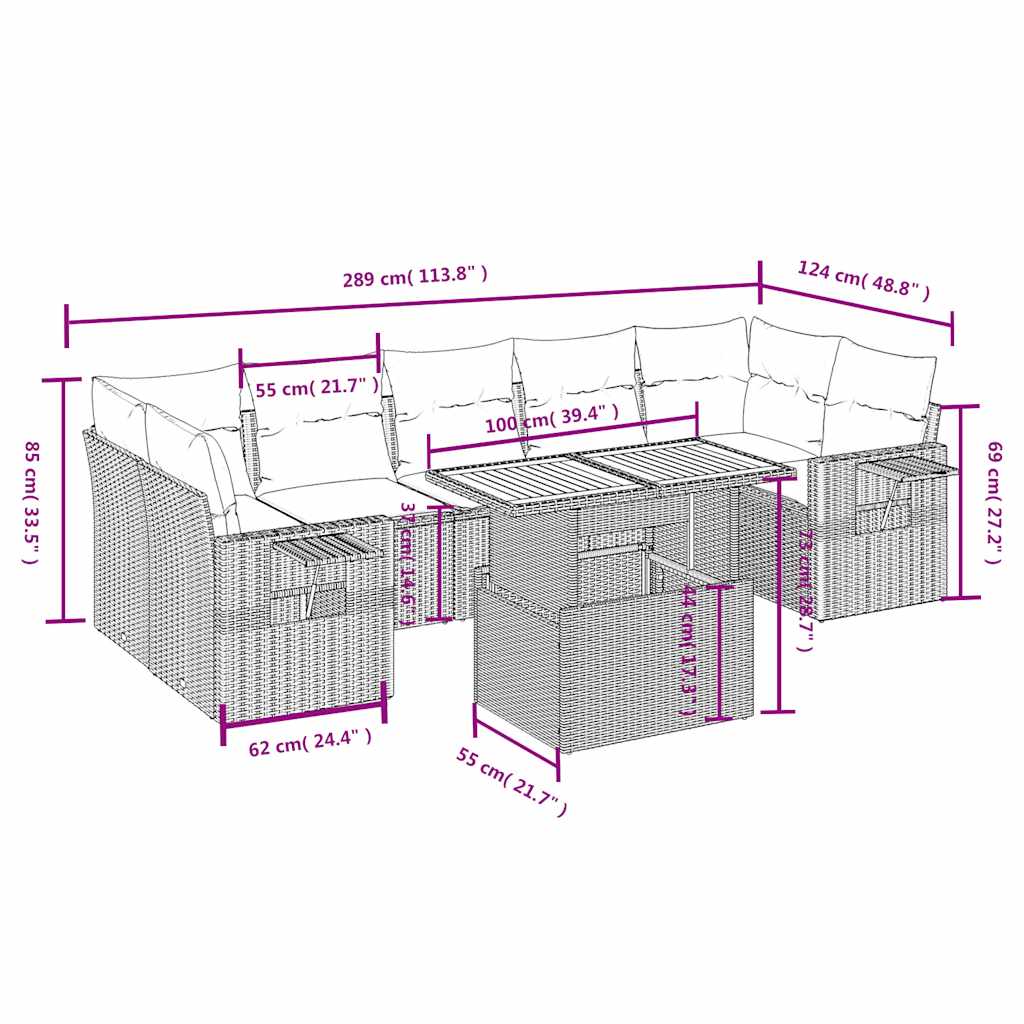 8-tlg. Garten-Sofagarnitur mit Kissen Schwarz Poly Rattan