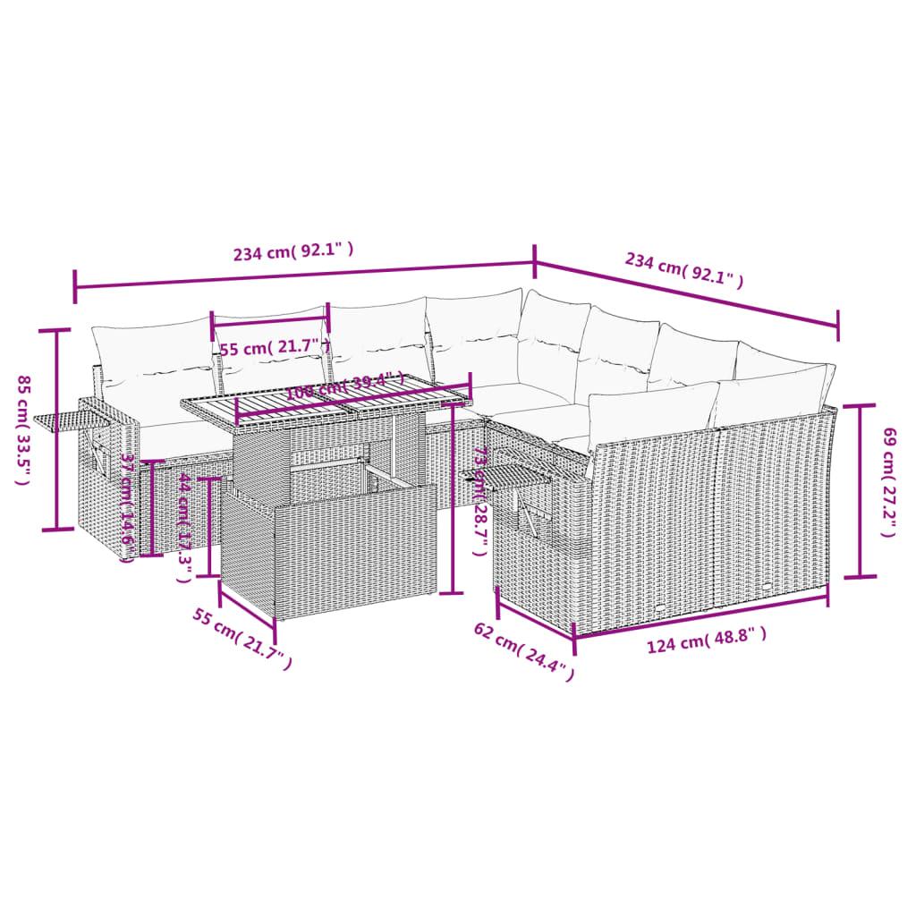 9-tlg. Garten-Sofagarnitur mit Kissen Schwarz Poly Rattan