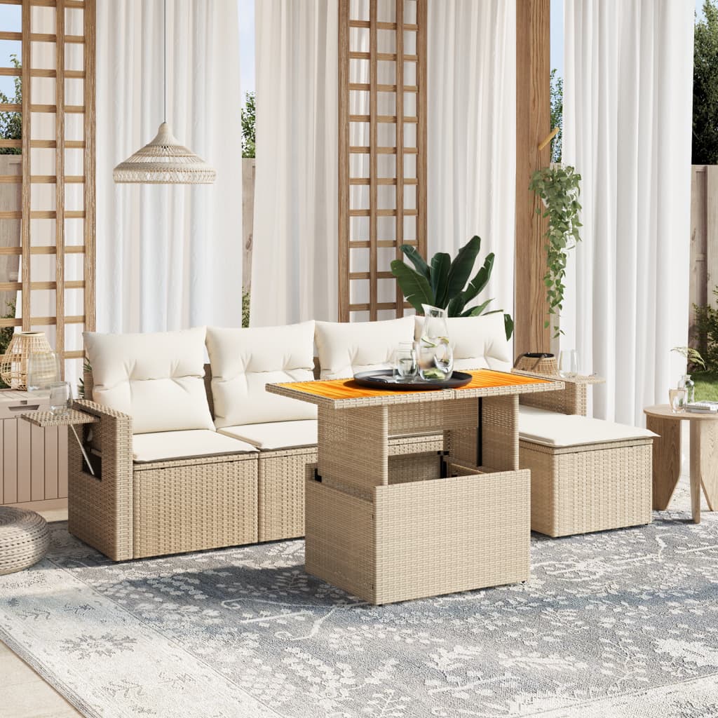 6-tlg. Garten-Sofagarnitur mit Kissen Beige Poly Rattan