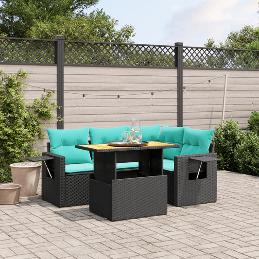 5-tlg. Garten-Sofagarnitur mit Kissen Schwarz Poly Rattan