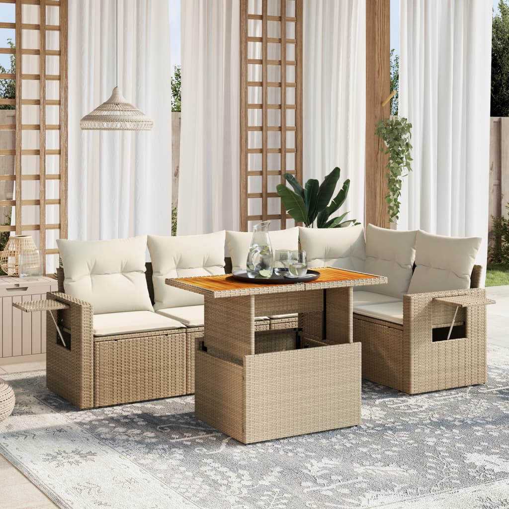 6-tlg. Garten-Sofagarnitur mit Kissen Beige Poly Rattan