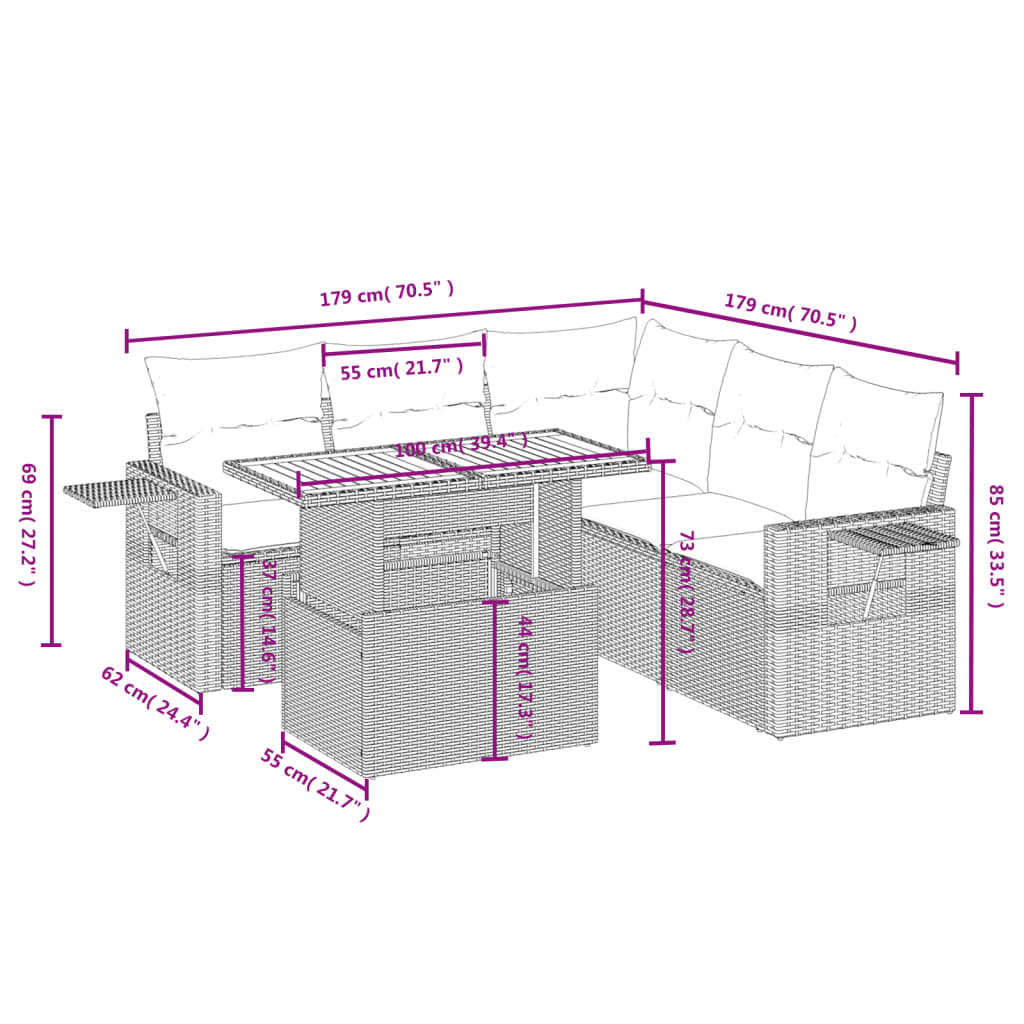 6-tlg. Garten-Sofagarnitur mit Kissen Schwarz Poly Rattan