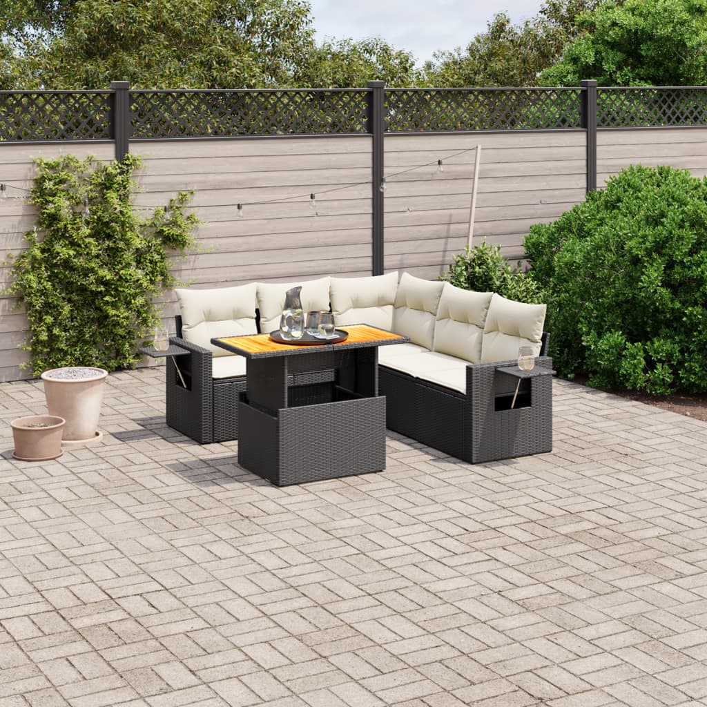 6-tlg. Garten-Sofagarnitur mit Kissen Schwarz Poly Rattan
