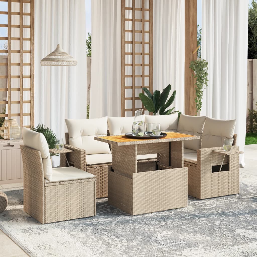 6-tlg. Garten-Sofagarnitur mit Kissen Beige Poly Rattan