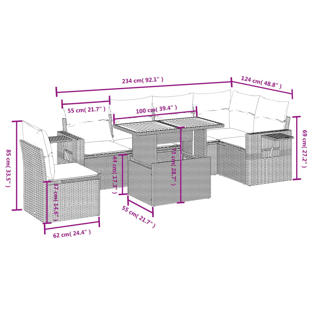 7-tlg. Garten-Sofagarnitur mit Kissen Grau Poly Rattan