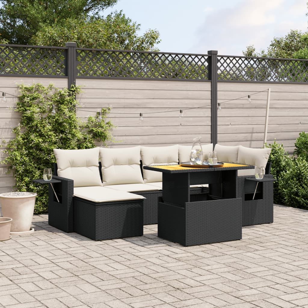 7-tlg. Garten-Sofagarnitur mit Kissen Schwarz Poly Rattan