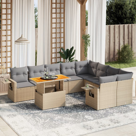 10-tlg. Garten-Sofagarnitur mit Kissen Beige Poly Rattan